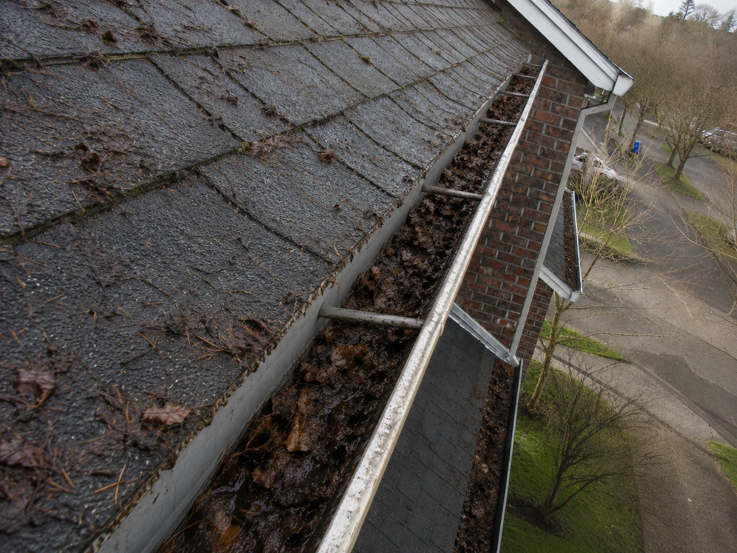Gutters filled with leaves and debris before cleaning