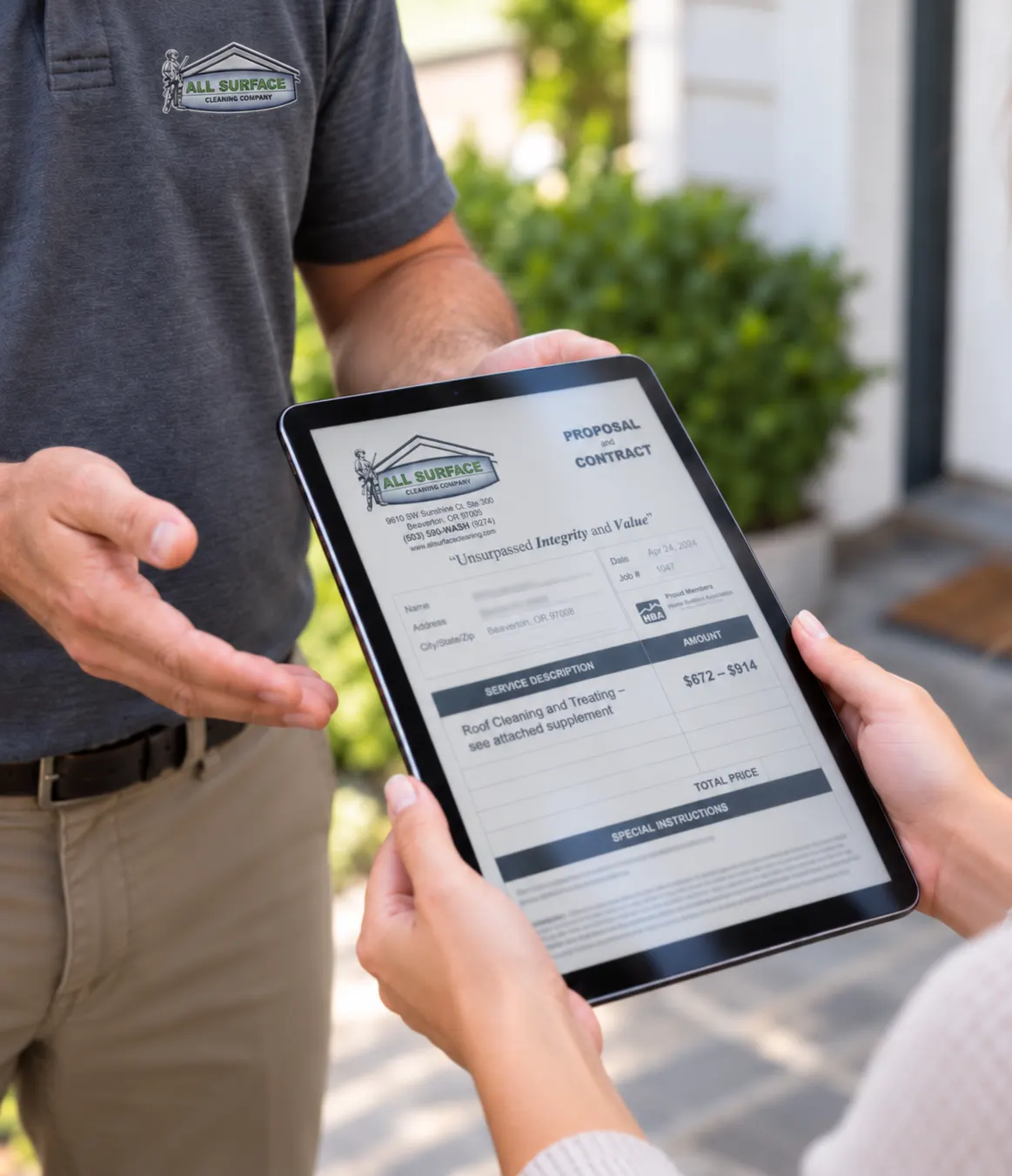 Technician handing a written estimate to a homeowner